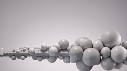 row of spheres receding into distance, tiny to medium scale transition, airy gradient background, delicate