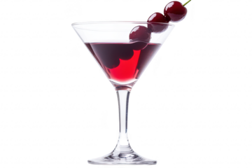 A refreshing cocktail served in a classic martini glass. featuring red liquid garnished with cherries. elegantly positioned against a clean white background. perfect for beverage promotions
