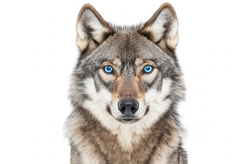 A close-up portrait of a majestic wolf with striking blue eyes. set against a clean white background. its detailed fur texture and fierce expression. ideal for wildlife photography