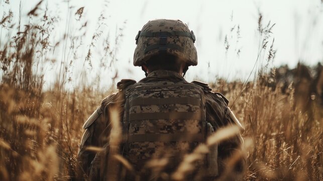 Soldier observes the landscape in golden fields during a peaceful moment at sunset near the training ground Generative AI
