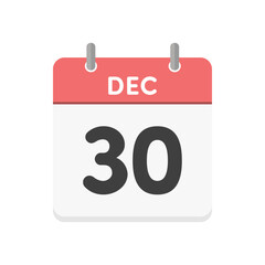 12月30日･DEC 30の日めくりカレンダーのアイコン - 12/30の日付入りの赤い色の英語の暦