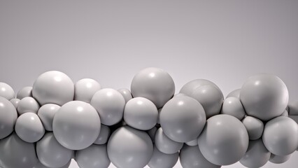 Minimal 3D composition of large and small glossy gray spheres seamlessly merging into a dense organic formation. The soft neutral background and subtle reflections emphasize texture, balance, and