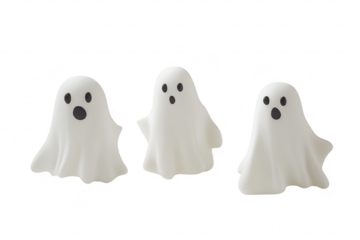Three playful ghost figurines with surprised expressions. set against a clean white background. ideal for Halloween-themed decorations or childrens toys