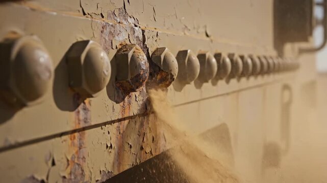 Line of Old Painted Metal Bolts and Rust in Daytime