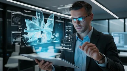 Man In Suit Interacts With Futuristic Holographic Display Showing Blue Crystal Structures - Powered by Adobe