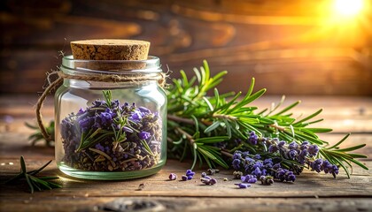 Jar of lavender with rosemary on wooden surface