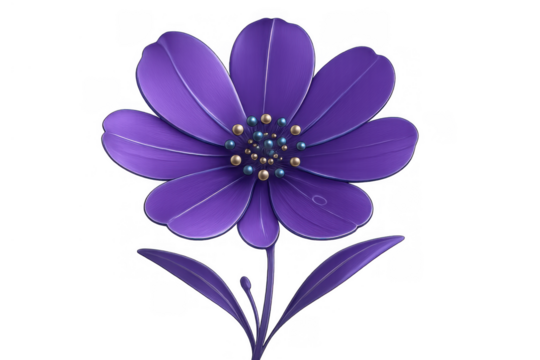 Purple stylized flower with gold and blue pearl-like pistils and petals, a vibrant botanical digital illustration on transparent background - Powered by Adobe