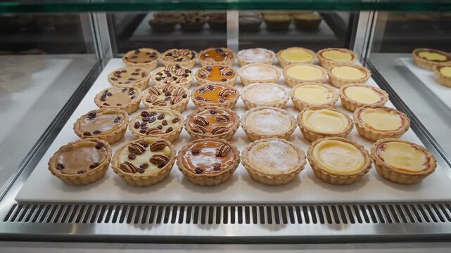 Delicious Variety of Sweet Mini Tarts and Pies with Custard, Pecans, and Caramel Toppings on Bakery Display