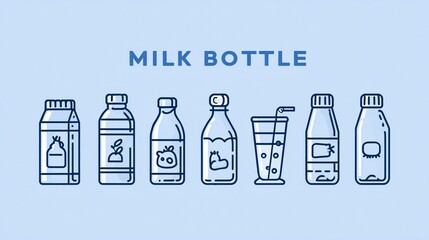 Line art of various milk bottle shapes and a glass on a light blue background