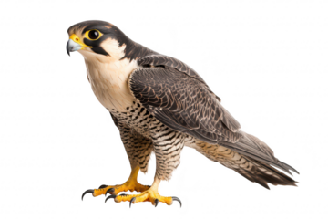 A majestic peregrine falcon stands poised with its striking plumage and sharp talons. its natural beauty against a clean white background. ideal for wildlife photography and educational use