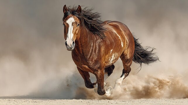 Powerful brown horse with striking white facial markings galloping fiercely through a cloud of dust in a dynamic outdoor scene.