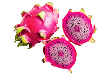 Freshly sliced dragon fruit pink skin and speckled white flesh. placed on a clean white background. ideal for health and wellness promotions