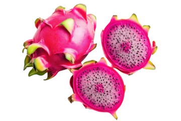 Freshly sliced dragon fruit pink skin and speckled white flesh. placed on a clean white background. ideal for health and wellness promotions