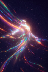 Obraz premium the generated art. A human figure made of threads of energies and luminous particles shines against the background of space