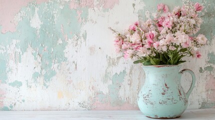 Delicate pink flowers in a worn turquoise vase against a vintage, textured background Generative AI