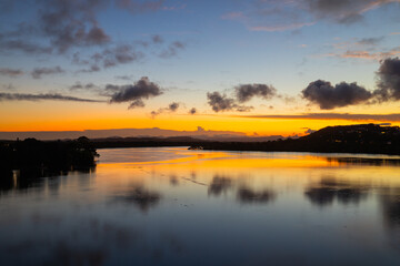Scenic sunset views over the Tweed River Inlet from Barneys Point bridge in Banora Point, New South wales, Australia