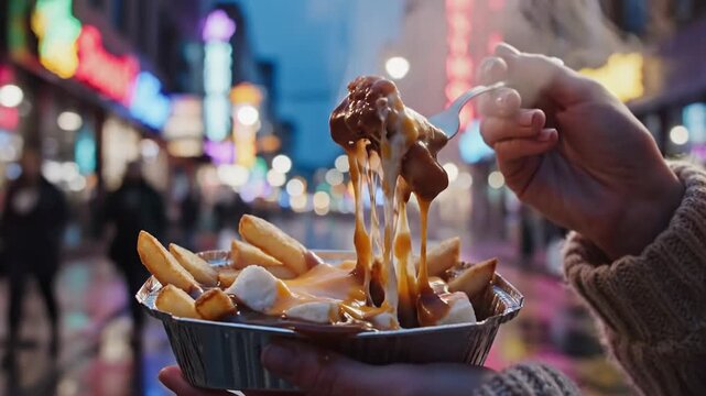 Hands enjoying hot poutine with gravy and cheese curds on a vibrant city street at night, illuminated by colorful neon lights.