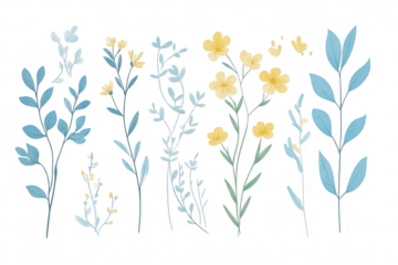 A collection of delicate. hand-drawn floral illustrations featuring blue and yellow flowers and leaves. perfect for use in design projects. stationery. or as decorative elements