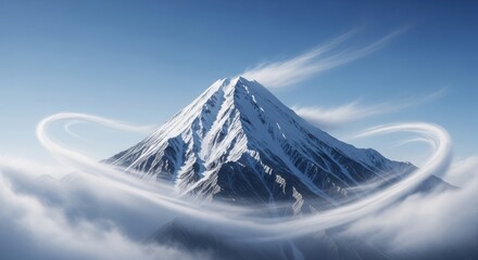 Majestic snowcapped mountain peak emerges from soft clouds