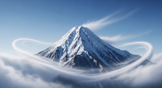 Majestic snowcapped mountain peak emerges from soft clouds