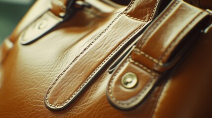 Elegant leather handbag rests in soft light, showcasing its rich texture and detailed stitching, inviting a touch of luxury and style Generative AI