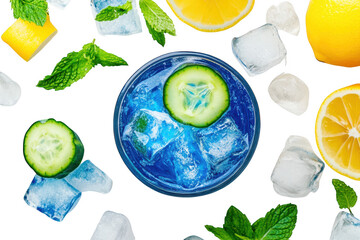 Refreshing blue beverage garnished with cucumber slices and mint leaves. surrounded by ice cubes. lemon wedges. and greens. perfect for summer gatherings and wellness promotions