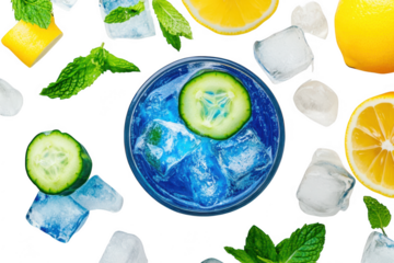 Refreshing blue beverage garnished with cucumber slices and mint leaves. surrounded by ice cubes. lemon wedges. and greens. perfect for summer gatherings and wellness promotions