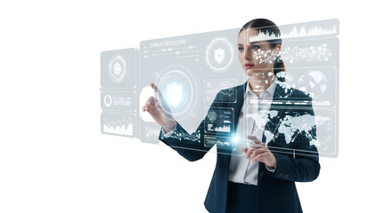 A woman interacting with a futuristic user interface, using advanced technology to navigate digital data, with sleek visual elements and a sense of innovation, isolated on transparent background