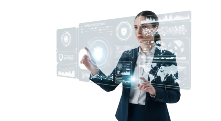 A woman interacting with a futuristic user interface, using advanced technology to navigate digital data, with sleek visual elements and a sense of innovation, isolated on transparent background
