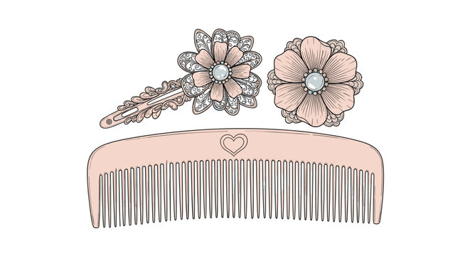 Vintage-style hair accessory set, featuring a pastel pink comb with heart detail and two delicate floral snap clips with pearl centers, on white.