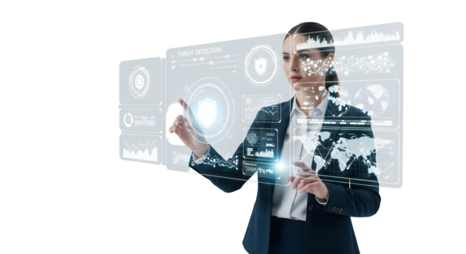 A woman interacting with a futuristic user interface, using advanced technology to navigate digital data, with sleek visual elements and a sense of innovation, isolated on transparent background - Powered by Adobe