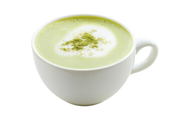 A close-up view of a white ceramic cup filled with green matcha tea. topped with a swirl of frothy milk and a sprinkle of matcha powder. set against a clean white background