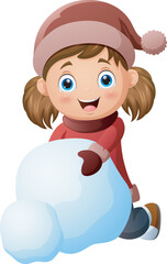 Cartoon little girl in winter clothes with big snowball