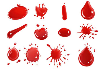 A collection of red liquid droplets and splashes. various shapes and sizes against a clean white background. ideal for creative design and artistic projects