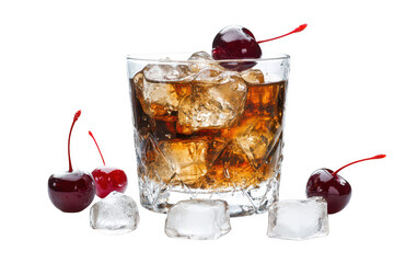 A refreshing cocktail glass filled with ice and dark liquid. garnished with bright red cherries. set against a clean white background. ideal for beverage promotions or culinary blogs