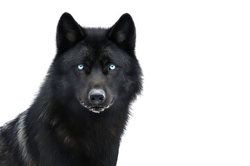 A striking black wolf with piercing blue eyes stands majestically against a pristine white snow background. its natural beauty and wild essence. ideal for wildlife photography