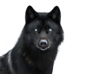 A striking black wolf with piercing blue eyes stands majestically against a pristine white snow background. its natural beauty and wild essence. ideal for wildlife photography