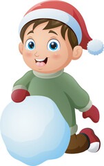 Cartoon little boy in winter clothes with big snowball