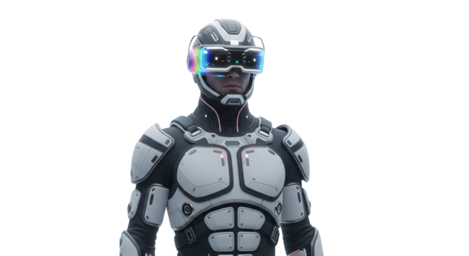 A futuristic figure wearing a virtual reality headset and cybernetic armor, ready to experience the digital frontier. He stands strong with confidence, isolated on transparent background