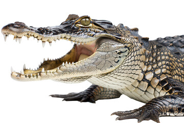 A close-up view of an open-mouthed crocodile its sharp teeth and textured skin. against a plain background. ideal for wildlife education and nature conservation