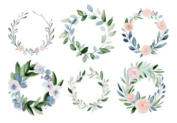 A collection of six beautifully designed floral wreaths featuring a variety of leaves and pastel-colored flowers. ideal for use in invitations. greeting cards. or decorative elements