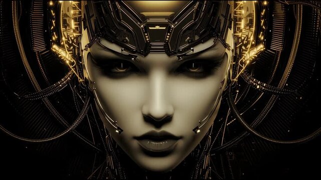 Dark sci-fi animation of golden cybernetic goddess with mechanical crown and glowing circuits in futuristic black environment