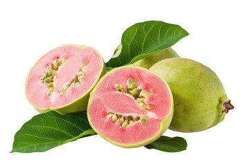 Freshly sliced pink guava fruit with green skin and leaves. its juicy interior. ideal for culinary use or health-related content