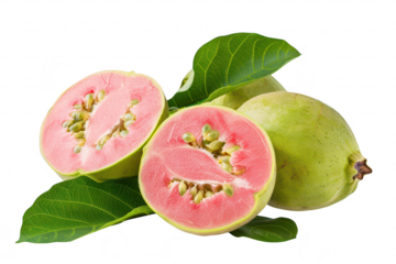 Freshly sliced pink guava fruit with green skin and leaves. its juicy interior. ideal for culinary use or health-related content