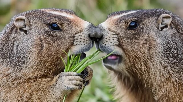 Video Two groundhogs posing side by side, possibly in a playful or curious mood