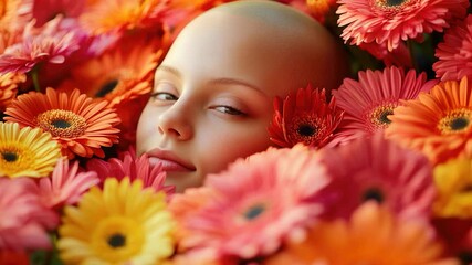 Video A woman with a bold statement hairstyle surrounded by colorful flowers