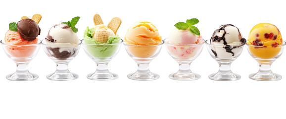 A display of assorted ice cream flavors in elegant glass bowls. a variety of colors and textures. set against a clean white background. perfect for dessert-themed promotions