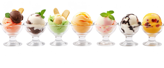 A display of assorted ice cream flavors in elegant glass bowls. a variety of colors and textures. set against a clean white background. perfect for dessert-themed promotions