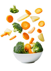 Fresh vegetables including broccoli. carrots. and potatoes are artistically suspended in mid-air above a white bowl. colors and textures for a healthy eating concept