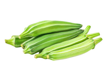 A close-up view of fresh. green okra pods stacked together. their smooth texture and natural color against a clean white background. ideal for culinary use or agricultural themes